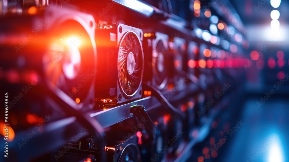 Poster close-up of computer fans in a data center, emphasizing cooling technology.