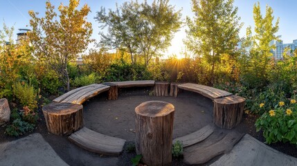 Fototapeta premium A serene seating area surrounded by greenery and flowers, perfect for relaxation or gatherings.