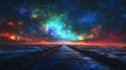 A view of the Bifrost Bridge stretching into the horizon, its colors glowing brightly against a night sky filled with stars and the distant lights of Asgard.