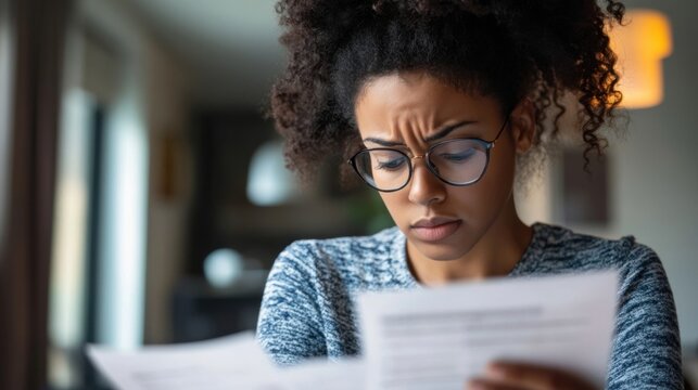 A woman looks stressed while reviewing bills and financial documents, symbolizing personal loan payment struggles and financial difficulties.