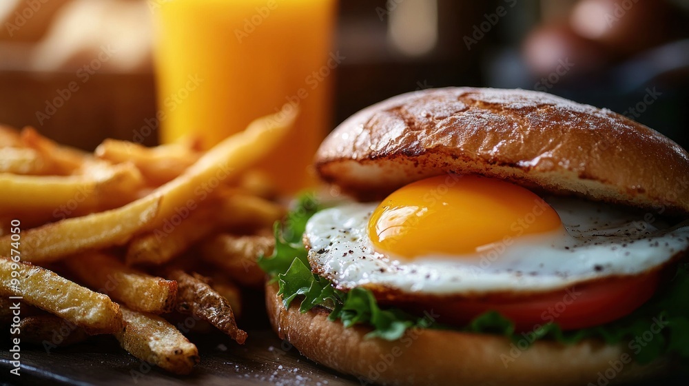 Sticker A delicious burger with a fried egg, lettuce, tomato, and fries, served with a drink.