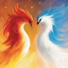 Obraz premium Two mythical phoenixes in a fiery embrace under a starry sky at dusk