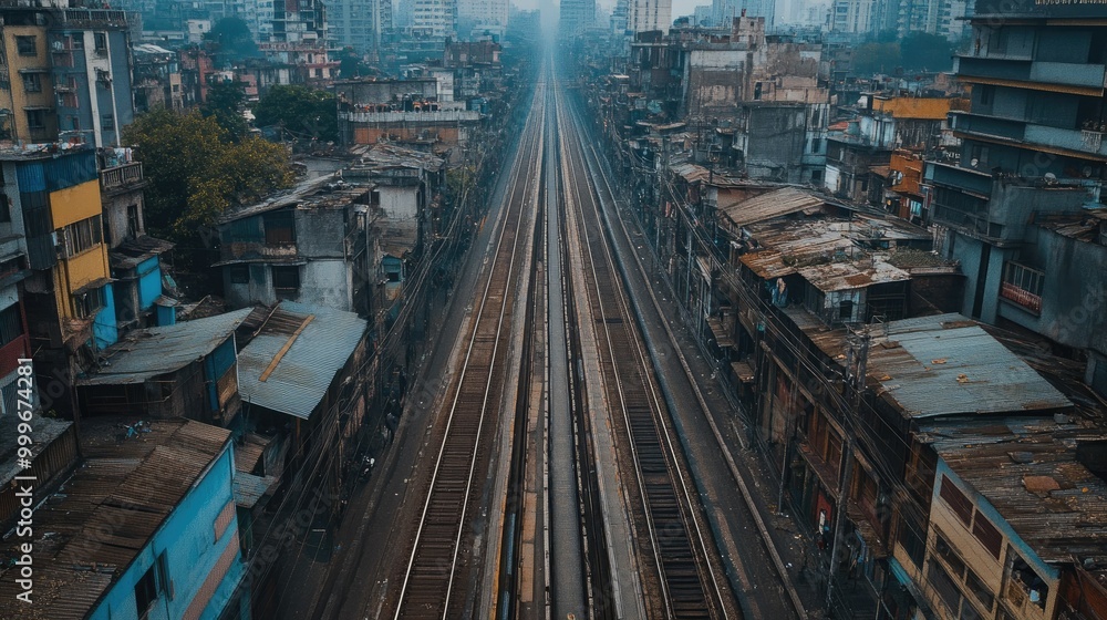 Poster an aerial view of an empty metro line running through the heart of a sprawling urban environment, de