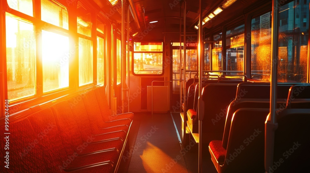 Poster an empty city bus parked at the terminal, bathed in the warm glow of the afternoon sun, with rows of