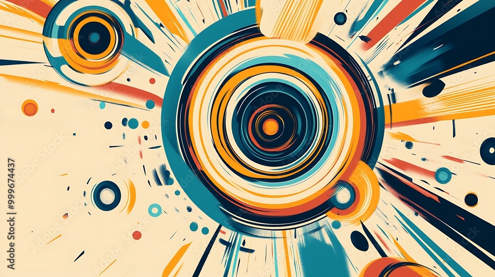 Poster abstract colorful swirling pattern with geometric shapes and radial lines.