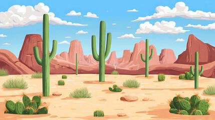 Obraz premium Cartoon desert landscape with tall cacti and red rock formations.