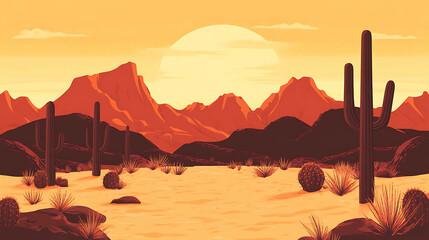 A sunset landscape with a mountain range in the distance and several cacti in the foreground.