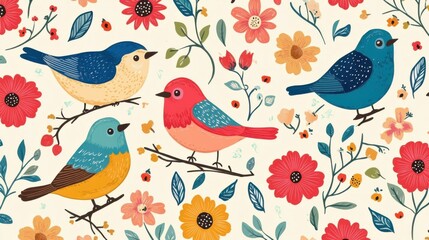 Seamless cartoon pattern of birds and flowers in bright colors