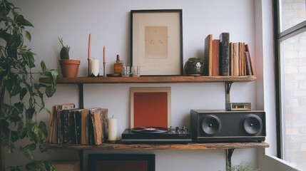 A beautifully styled living room shelf with art pieces, candles, and a record player.