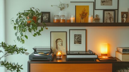 A beautifully styled living room shelf with art pieces, candles, and a record player.