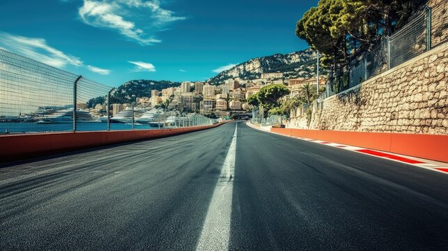 An empty Formula One track in Monaco, with the famous Monte Carlo harbor in the distance, no cars on the road.