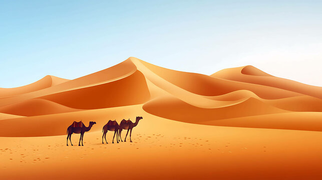 A caravan of three camels walks across a sandy desert landscape.
