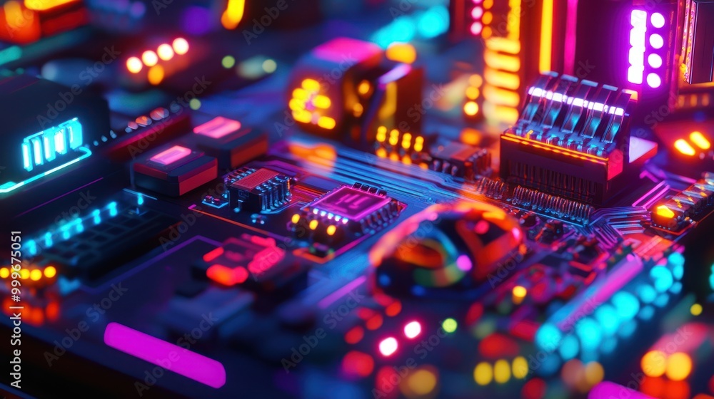 Poster a vibrant close-up of a circuit board with glowing components and intricate connections.