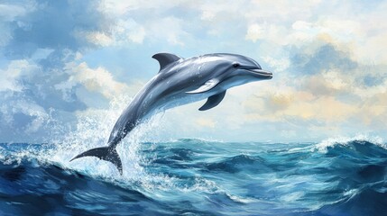 Fototapeta premium Close-up of a graceful dolphin jumping out of the water, with the ocean and sky in the background, capturing the energy and motion of the scene.