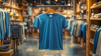 A blue T-shirt with a vintage wash, hanging on a clothing rack in a modern retail store.