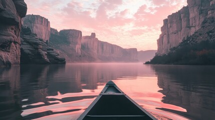 Fototapeta premium A canoe floating in a calm river, with towering cliffs in the background and a soft pink sky above.