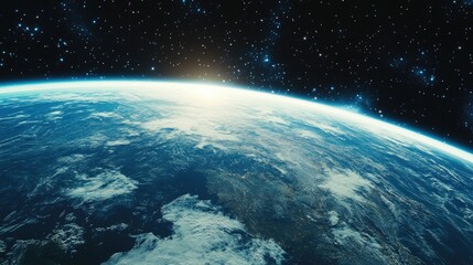 Obraz premium Earth as seen from a space station window, the curvature of the planet visible with vibrant blue oceans and landmasses, set against the backdrop of stars.