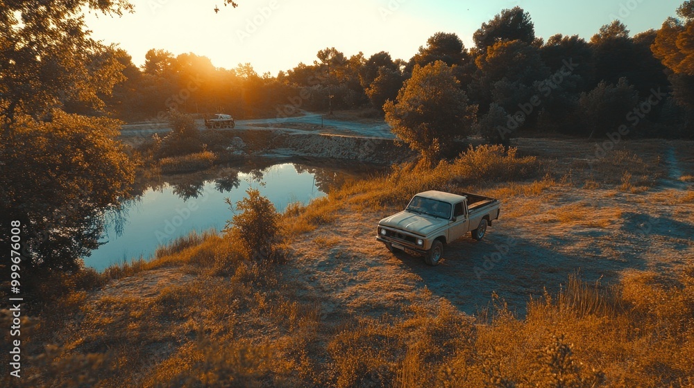 Poster a serene landscape featuring a parked truck by a calm pond at sunset.