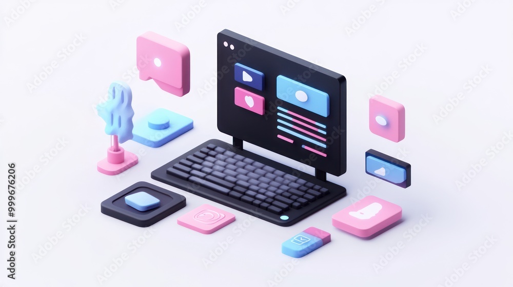 Aufkleber a stylized computer setup with social media icons and colorful elements.