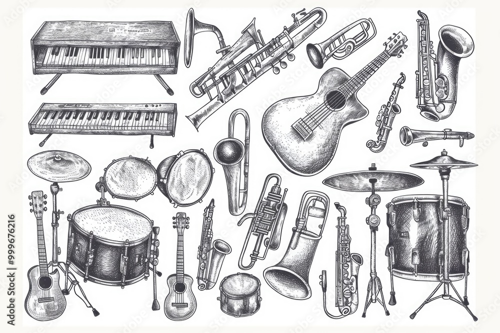 Poster A set of various musical instruments arranged on a surface