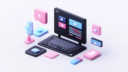 A stylized computer setup with social media icons and colorful elements.