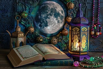 Fototapeta premium Holy month of Ramadan concept. Burning, lighting, glowing Ramadan Lantern on white table on the background of a dark blue textured wall. Greetings card. Place for text on the left.