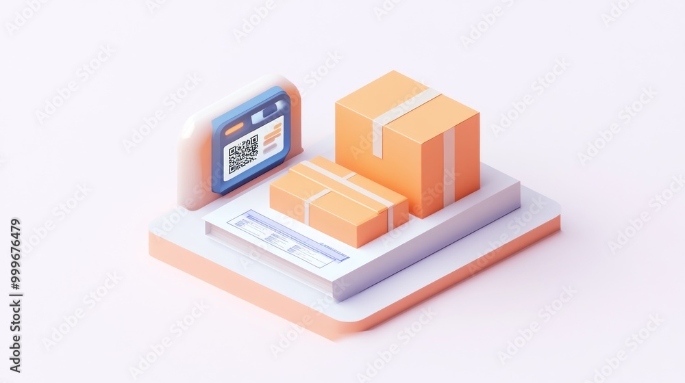 Poster 3d illustration of packages on a scale with a qr code and shipping label.