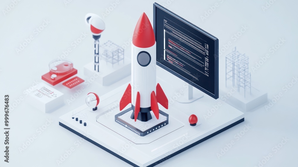 Poster a digital illustration of a rocket launch setup with technology elements.