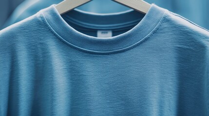 A close-up of a blue T-shirt on a hanger, showcasing its soft cotton texture and minimalistic...