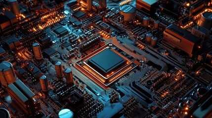 A close-up of a CPU socket surrounded by transistors, resistors, and capacitors on a circuit board.