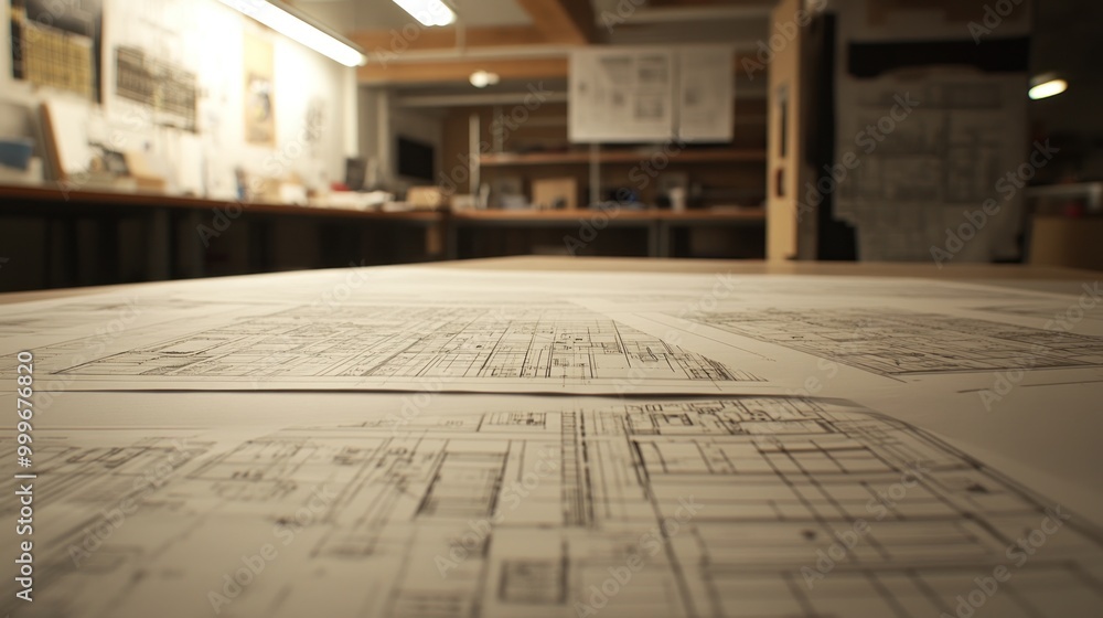 Poster detailed architectural blueprints spread across a table in a design studio.