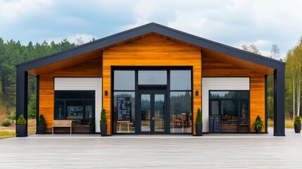Modern wooden house with large windows and a patio in front.