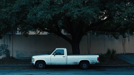 Fototapeta premium A white pickup truck parked beside a large tree against a simple background.