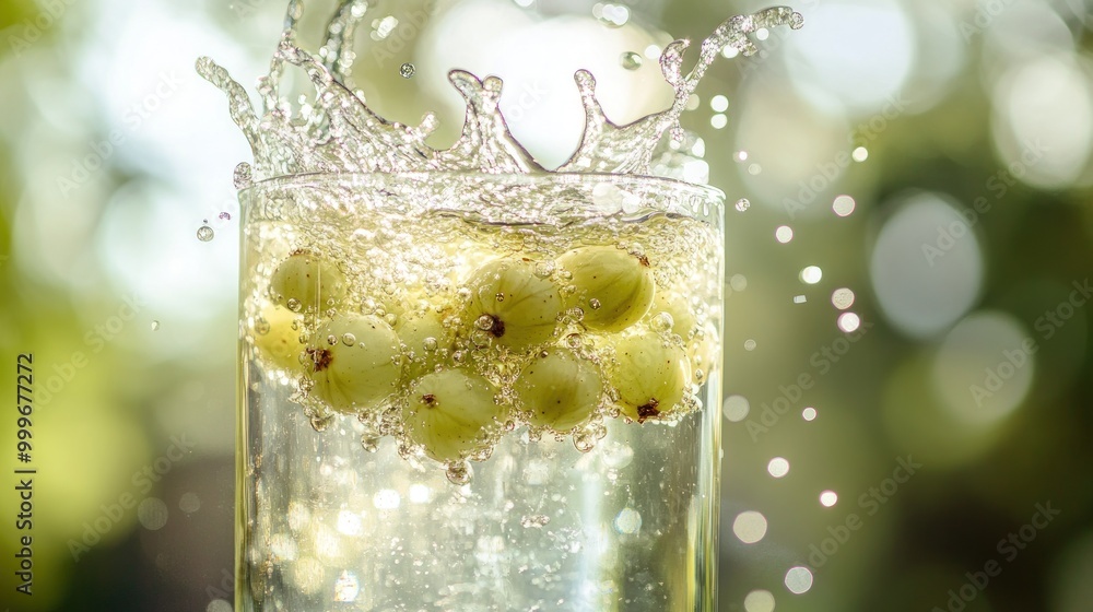 Poster a glass of sparkling water with green grapes splashing inside, creating a refreshing scene.