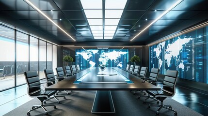 A modern conference room with a long wooden table and matching chairs, ideal for meetings and presentations