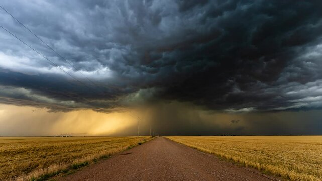 Dark storm clouds over a dusty country road with lightning striking