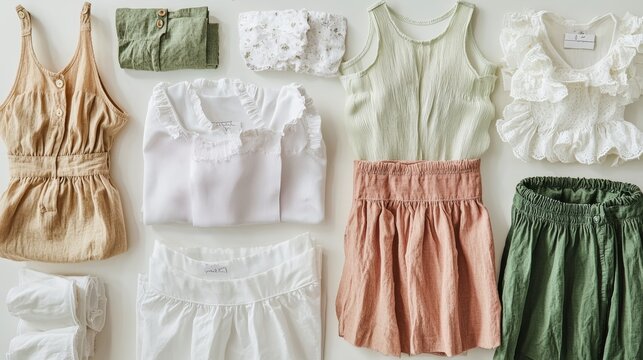 Top View of Flat Lay Children's Clothing Collection in Earth Tones and Pastels for Summer Wardrobe