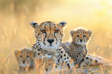 Obraz premium Wild cheetah with cubs in golden savannah grass, family wildlife, nurturing nature concept