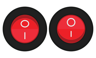 Round rocker switch with red button and markings. Vector image for electric illustrations or control schemas