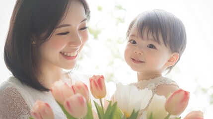A joyful moment between a mother and her child surrounded by flowers.