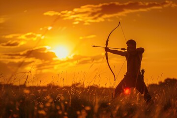 Fototapeta premium A man holding a bow and arrow in a rural landscape
