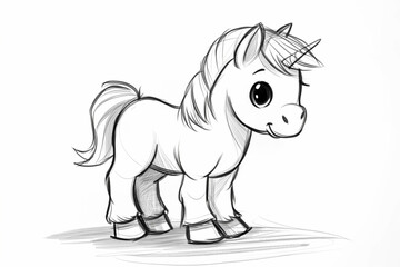Fototapeta premium A whimsical black and white sketch of a cute unicorn, showcasing its charming features and playful demeanor. Ideal for children's content, fantasy-themed designs