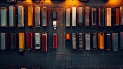 Obraz premium Aerial view of a truck parking lot filled with various colored shipping containers.