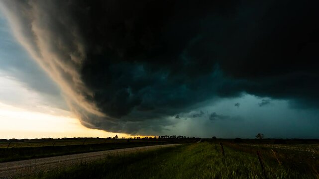 Dramatic storm quickly moves across fields and farm land bringing heavy wind and rain