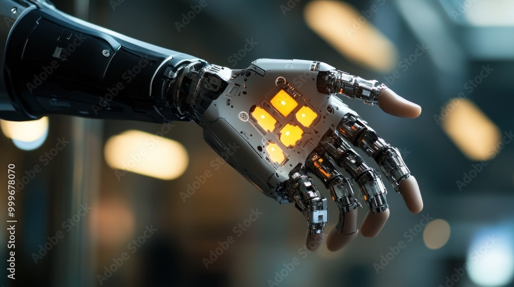 Aufkleber a robotic hand with illuminated buttons, showcasing advanced technology and design.