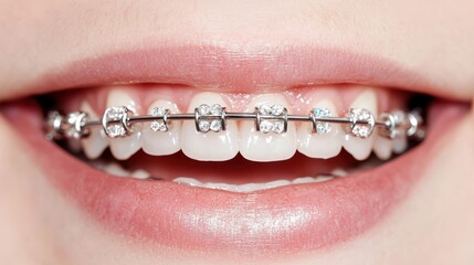 Closeup of mouth with braces emphasizing the journey to a perfect smile through orthodontic treatment and oral hygiene
