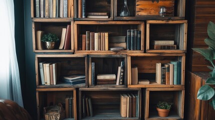 A creative DIY shelf made from repurposed wooden crates, holding books and decor.