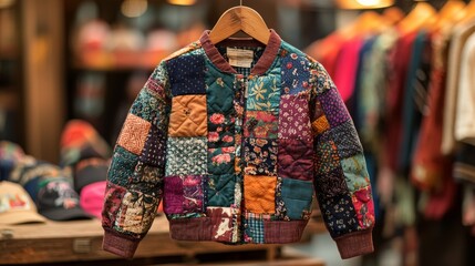 Vintage Patchwork Jacket on Hanger in Boutique Store