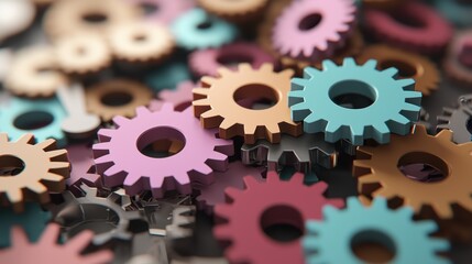 Closeup view of interlocking gears in 3D showcasing machine and software integration represented by vibrant colors on a bright white background