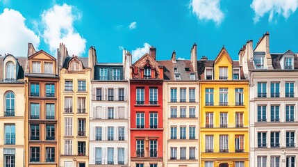 Fototapeta premium Colorful row of buildings under a blue sky, showcasing architectural diversity.